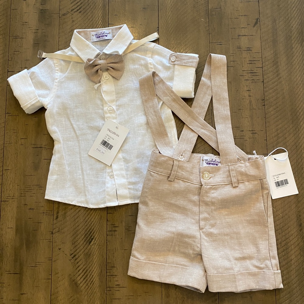 Beige linen bow tie suspender set